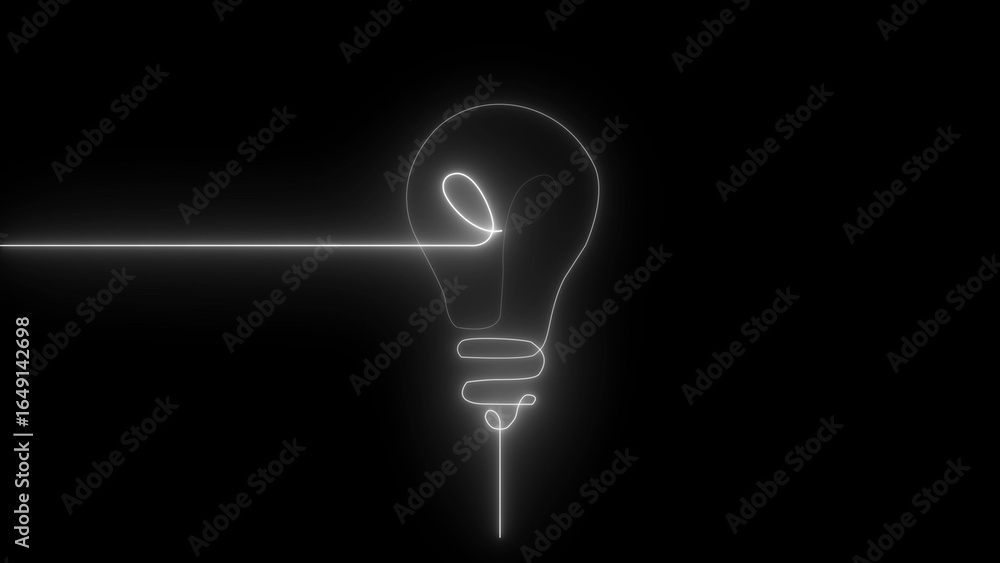 Poster single continuous line drawing of a white neon light bulb with a horizontal light beam abstract