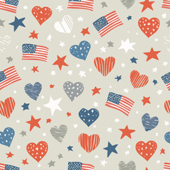 Seamless patriotic pattern featuring USA flags, hearts, and stars in red, white, and blue. Perfect for Independence Day, Patriot Day, and American-themed celebrations