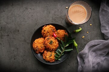 Homemade Dal or Daal fritters  - South Indian snacn Parippu vada served with tea