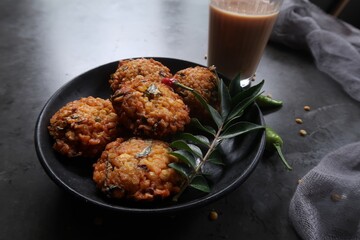 Homemade Dal or Daal fritters  - South Indian snacn Parippu vada served with tea