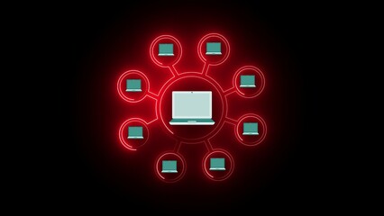 Fototapeta premium Central laptop connected to surrounding laptops in a digital network diagram with red neon glow