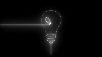 Single continuous line drawing of a white neon light bulb with a horizontal light beam abstract