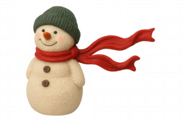 Smiling snowman wearing vibrant red scarf, green hat, standing against transparent backdrop, ideal winter holiday graphic design element