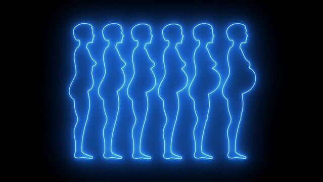 Progression of Pregnancy Shown by Blue Neon Silhouettes of Women Keywords: abstract, art, background, blue, body, celebration, child, children, concept