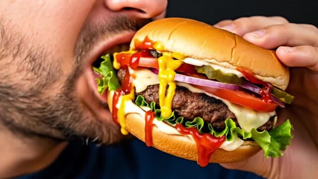 Man eating a large burger with dripping ketchup, mustard, lettuce, and other tasty ingredients