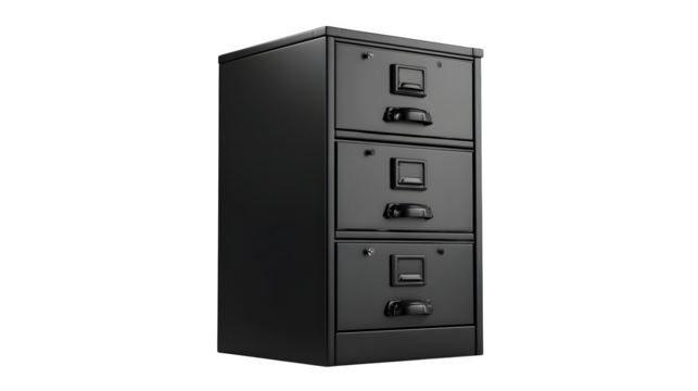 Black metal office filing cabinet isolated on white