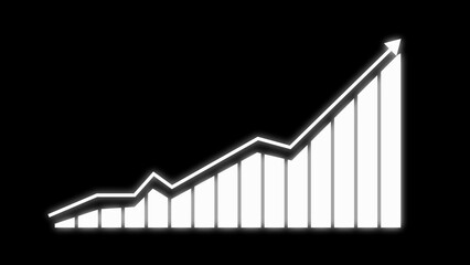 White glowing bar chart with upward trending line graph on black background business finance
