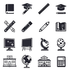 Set of 12 minimalist solid black vector icons with education and learning theme including book, graduation cap, pencil, ruler, eraser, blackboard, microscope, globe, school building, paint palette, op