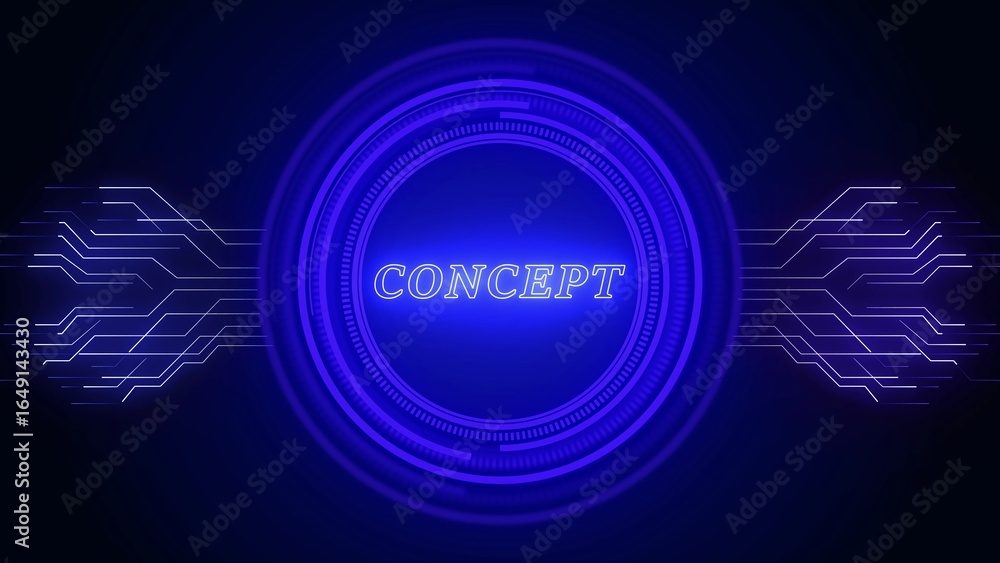 Poster blue neon word concept inside a digital futuristic circle with circuitry patterns concept