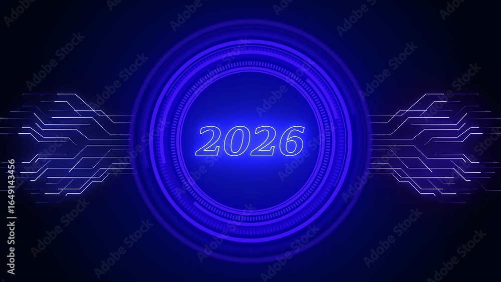 Aufkleber digital glowing blue circle with circuit patterns and the year 2026 future new year