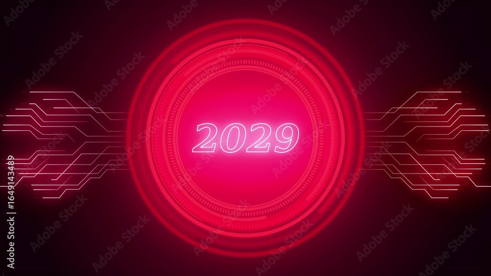 Poster futuristic red neon circle displaying the year 2029 with digital circuitry future