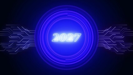 Glowing blue circular interface with digital lines and the year 2027 future new year