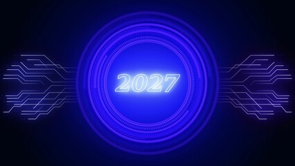 Bright blue futuristic circle with year 2027 and digital circuit lines future new year