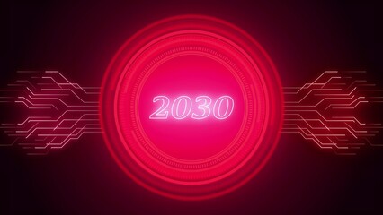 Bright Red Neon Circle with the Year 2030 and Digital Circuitry Patterns future futuristic