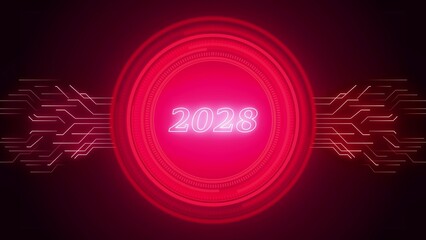 Vibrant red futuristic circle with year 2028 and digital circuit patterns future new year