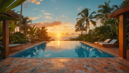 a serene infinity pool reflects a vibrant sunset framed by lush tropical foliage and wooden structures, creating a tranquil paradise escape.