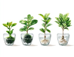 Obraz premium Four potted plants in various growth stages, depicted in glass containers, showcasing roots and foliage