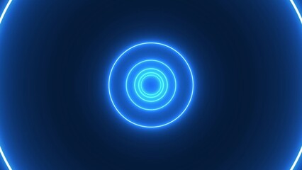 Blue Neon Concentric Circles Tunnel Effect on Dark Blue Background rings