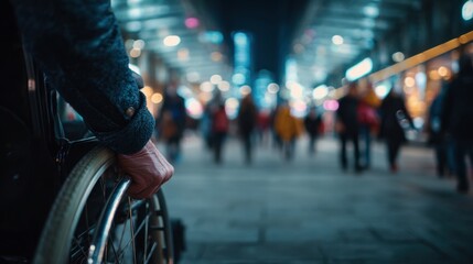 Fototapeta premium Nighttime city street scene with blurred motion of pedestrians and vehicles, illuminated by colorful streetlights and neon signs, creating a vibrant urban atmosphere
