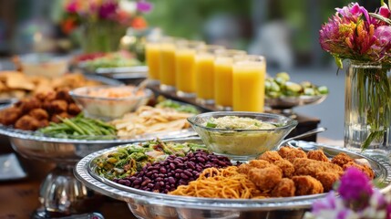 Fototapeta premium A vibrant and colorful buffet spread featuring a variety of delicious dishes and refreshing beverages, perfect for a festive gathering or celebration.