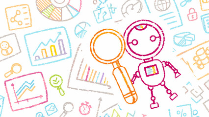 Hand drawn style robot with a magnifying glass surrounded by data analysis icons and charts art