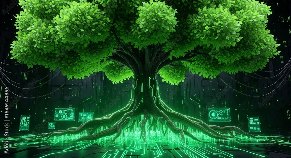 Poster tree nature technology digital network green roots data system future connection environment growth 
