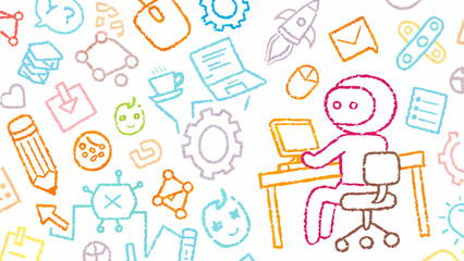 Illustration shows a person working at a desk surrounded by various tech and office related icons