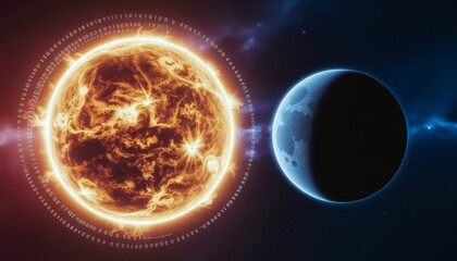 Fiery Sun and Blue Planet in Space Background with Binary Code