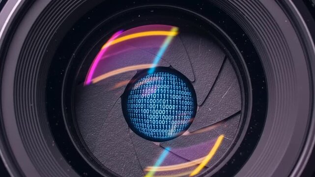 A digital camera lens with a black optical zoom object is reflected on a glossy surface