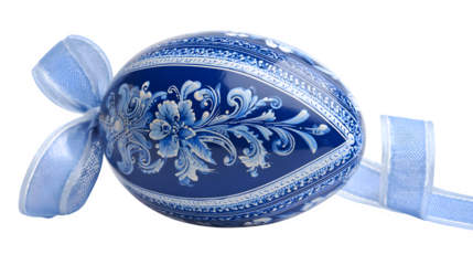 Blue decorated Easter egg with ribbon isolated on white