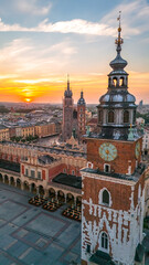 central market square of krakow in poland at dawn in summer view from above