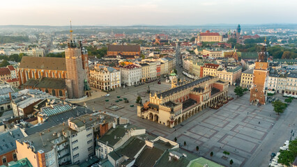 central market square of krakow in poland at dawn in summer view from above