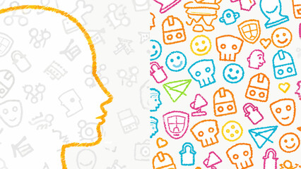 Illustration featuring a head outline filled with icons and a patterned side with more icons