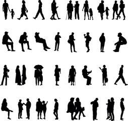 Set pf 32 peole silhouettes - walking, sitting, and posing. People in various poses, including sitting, walking, running and working.