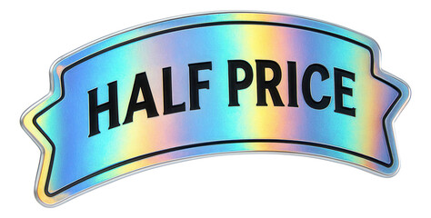 Glossy ribbon banner sticker with HALF PRICE discount in bold text, vibrant retail promo offer on transparent background.