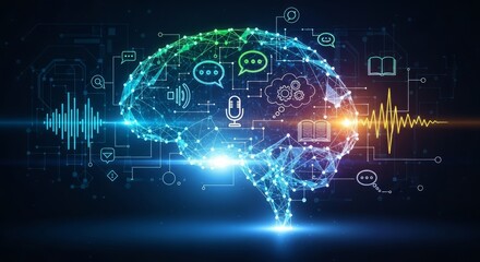 Obraz premium Digital Brain: Neural Network, AI, Cognitive Computing, Data Processing, Information Technology