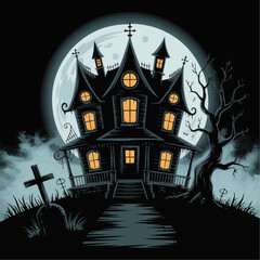 Illustration of a spooky haunted house with glowing windows under a full moon and graveyard scene on transparent background