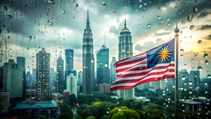 Malaysian flag flying against the backdrop of kuala lumpur skyline through raindrops on glass