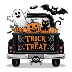 Halloween truck filled with pumpkins ghost and a black cat with bats flying above the vehicle on transparent background