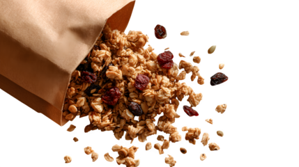 Granola spilling from paper bag, isolated on transparent background