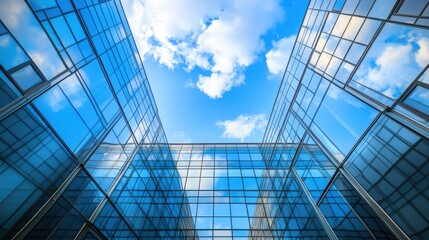 Obraz premium Economics, banking, business and finance concept.A fragment of a modern office building in the capital .glass buildings with cloudy blue sky background .modern office building