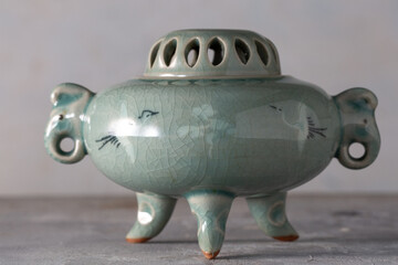 Kouro Tea Incense Burner Chadougu Yakimono Korean Celadon Incense Burner with Crane Motif - Koyan Kiln