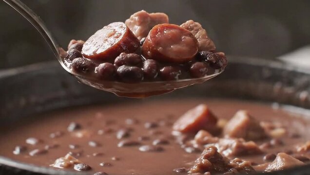 Close up of spoonful with sausage and beans over a pot of stewed meat and beans dish view, Brazilian feijoada