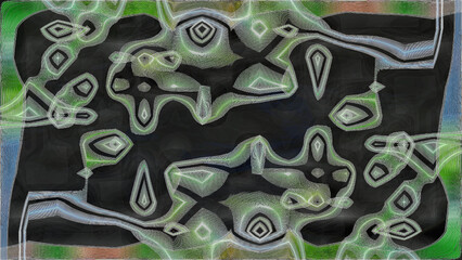 Abstract digital artwork with intricate green, white, and black patterns forming organic shapes and flowing lines, creating a futuristic, textured, and symmetrical visual composition. Generated image.