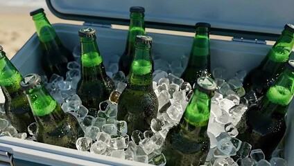 Chilled green beer bottles nestled in ice inside a cooler ready for a refreshing beach day treat