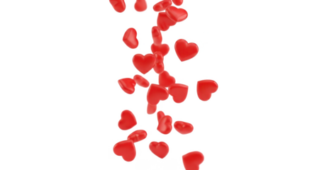 Falling red hearts against a white background; a cascade of love symbols.