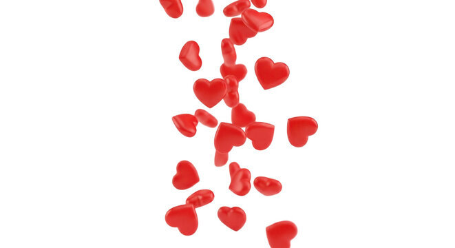 Falling red hearts against a white background; a cascade of love symbols.
