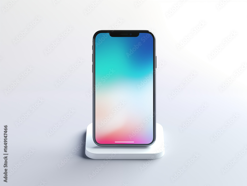 Poster modern smartphone showcasing vibrant gradient screen on sleek display stand, perfect for tech previe