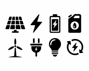 Collection of energy source icons including solar wind battery and fuel silhouette isolated on white background