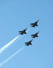 Four jets in a diagonal formation against a clear sky